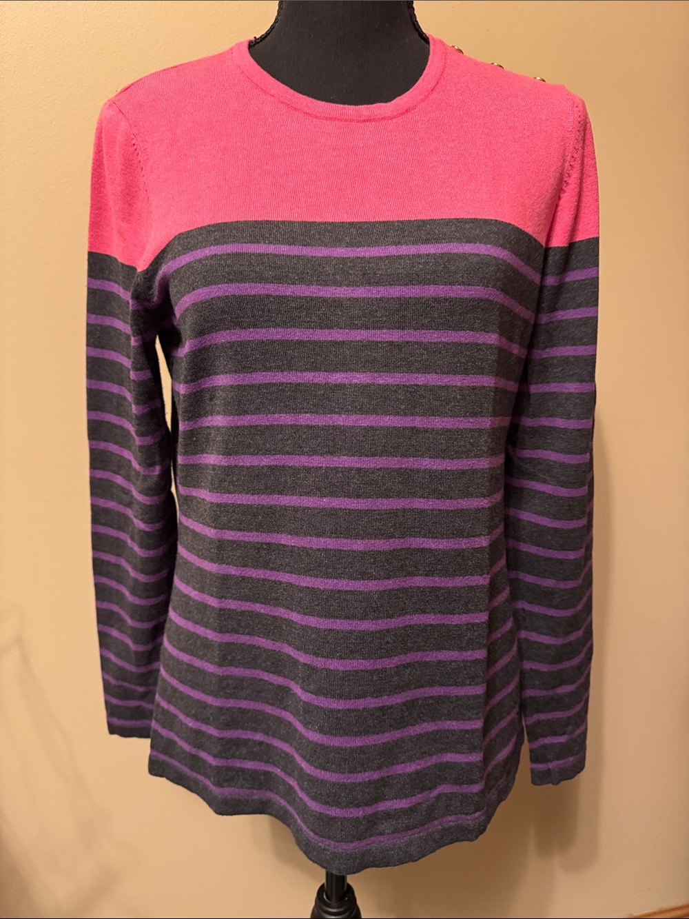 J. McLaughlin Pink and Purple Striped Long Sleeve Crewneck